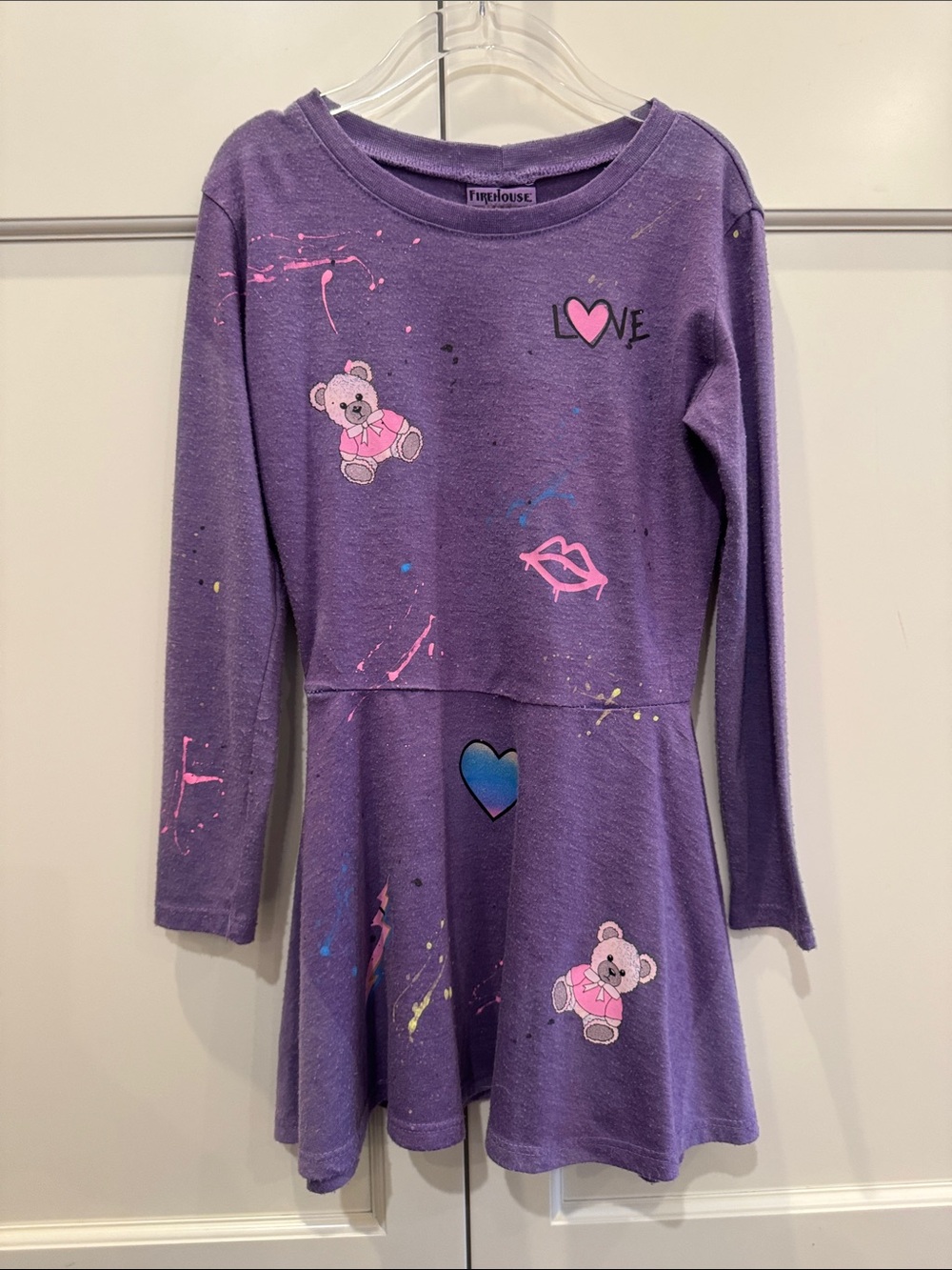 Firehouse Girls Purple Graffiti Teddy Bear Dress XXS ~ Girls 4/5 Made in NYC